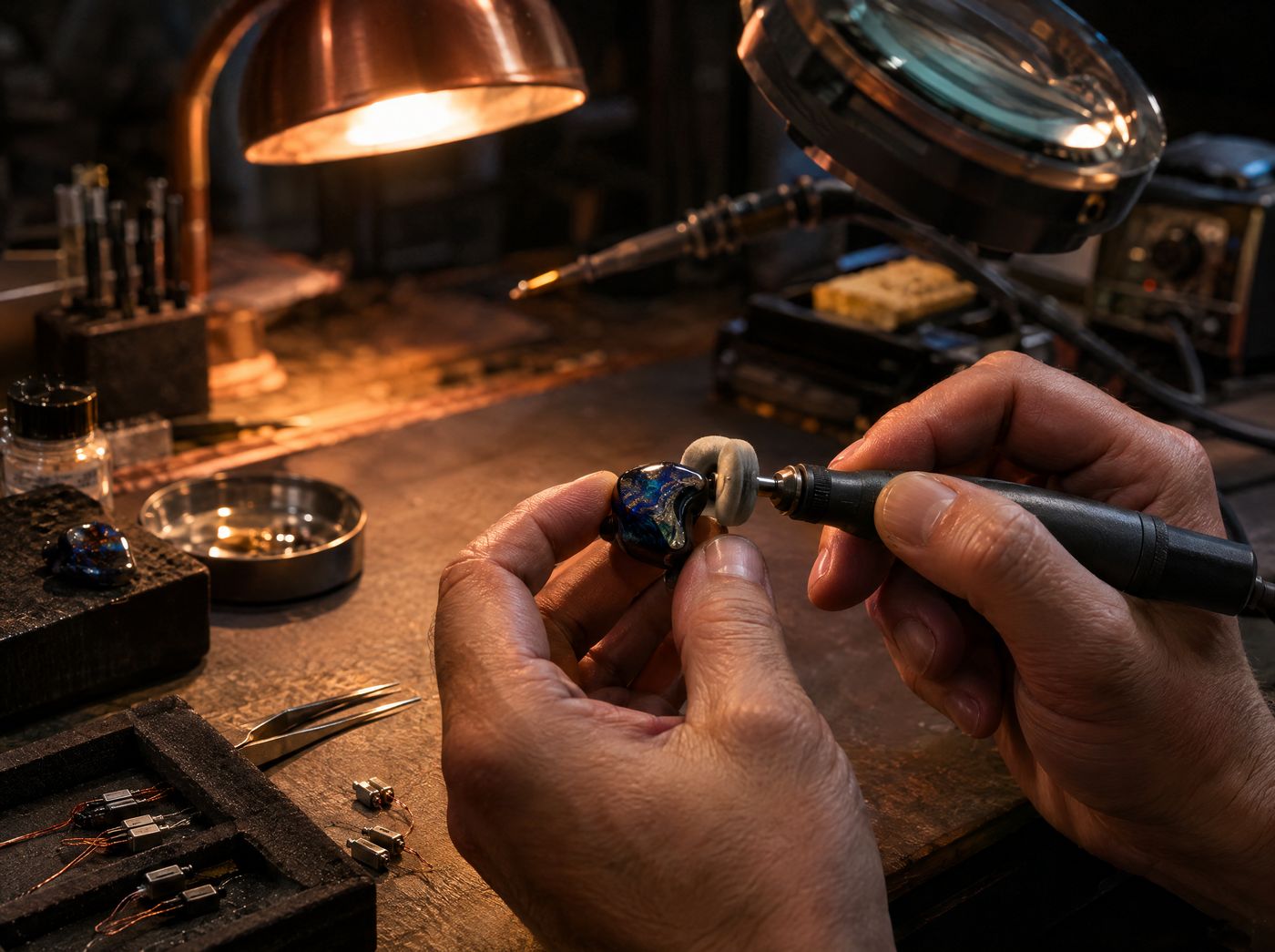 Hände polieren eine In-Ear-Schale an der Werkbank